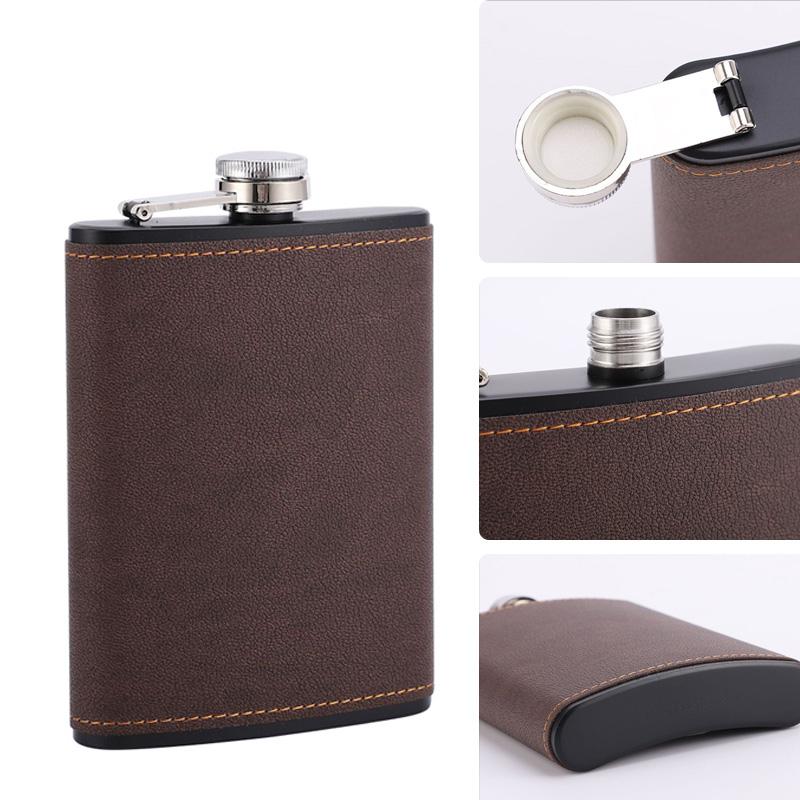 6oz Portable Hip Flask Brown Leather Covered Stainless Ste